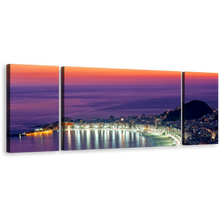 Load image into Gallery viewer, Brazil Beach Canvas Wall Art, Purple Copacabana City Beach 3 Piece Canvas Print, Rio de Janeiro Orange Sky Triptych Multiple Canvas
