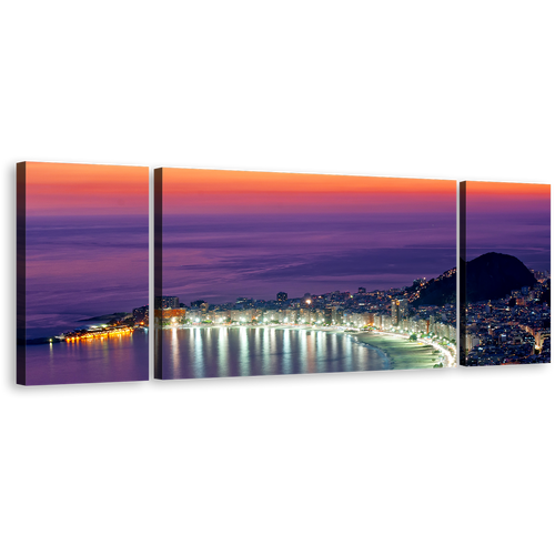 Brazil Beach Canvas Wall Art, Purple Copacabana City Beach 3 Piece Canvas Print, Rio de Janeiro Orange Sky Triptych Multiple Canvas