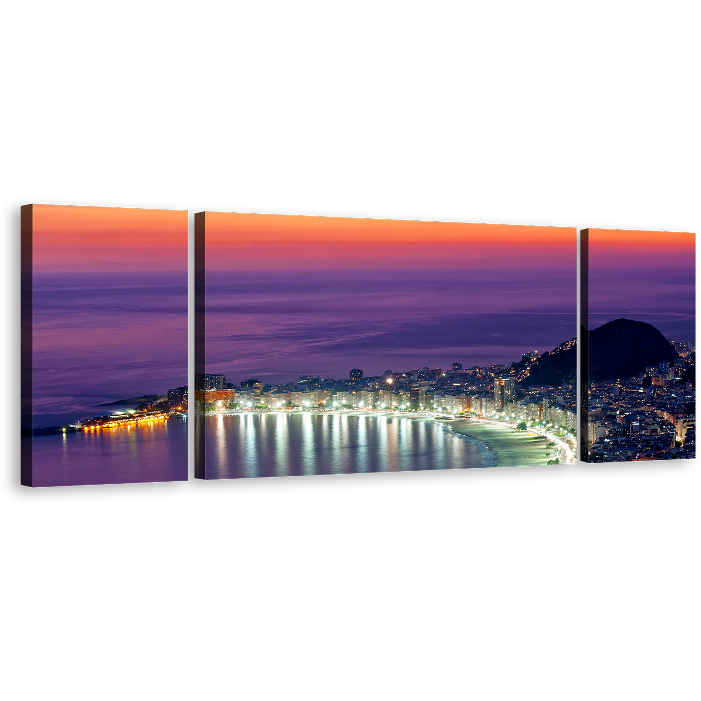 Brazil Beach Canvas Wall Art, Purple Copacabana City Beach 3 Piece Canvas Print, Rio de Janeiro Orange Sky Triptych Multiple Canvas