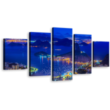 Load image into Gallery viewer, Brazil Cityscape Canvas Print, Yellow City Mountains 5 Piece Canvas Wall Art, Blue Sugarloaf Mountain Skyline Canvas Set
