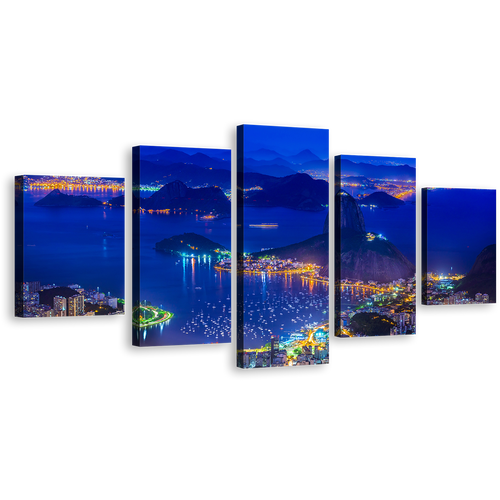 Brazil Cityscape Canvas Print, Yellow City Mountains 5 Piece Canvas Wall Art, Blue Sugarloaf Mountain Skyline Canvas Set