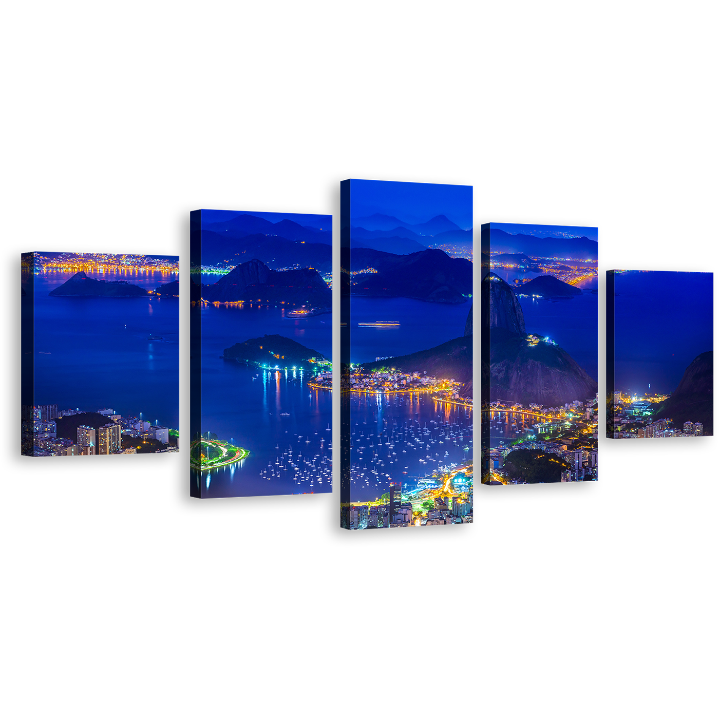 Brazil Cityscape Canvas Print, Yellow City Mountains 5 Piece Canvas Wall Art, Blue Sugarloaf Mountain Skyline Canvas Set