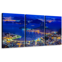 Load image into Gallery viewer, Brazil Landmark Canvas Wall Art, Yellow City Lights Canvas Set, Blue Mountain Sugarloaf 3 Piece Canvas, Rio de Janeiro Night Skyline Canvas Print
