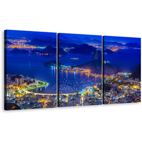 Brazil Landmark Canvas Wall Art, Yellow City Lights Canvas Set, Blue Mountain Sugarloaf 3 Piece Canvas, Rio de Janeiro Night Skyline Canvas Print