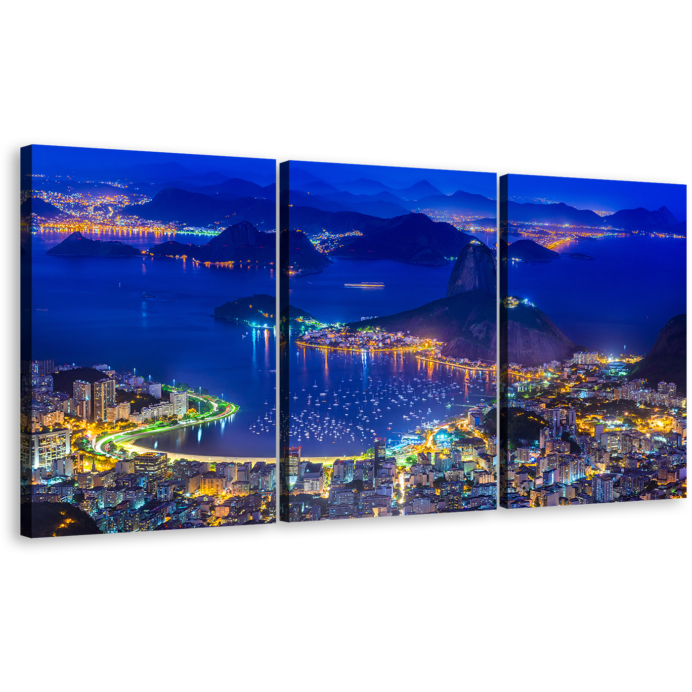 Brazil Landmark Canvas Wall Art, Yellow City Lights Canvas Set, Blue Mountain Sugarloaf 3 Piece Canvas, Rio de Janeiro Night Skyline Canvas Print