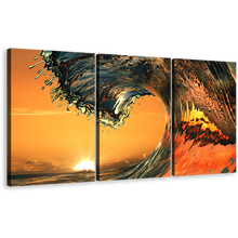 Load image into Gallery viewer, Breaking Wave Canvas Wall Art, Orange Ocean Wave 3 Piece Multi Canvas Artwork, Yellow Sunrise Wave Waves Curl Canvas Print
