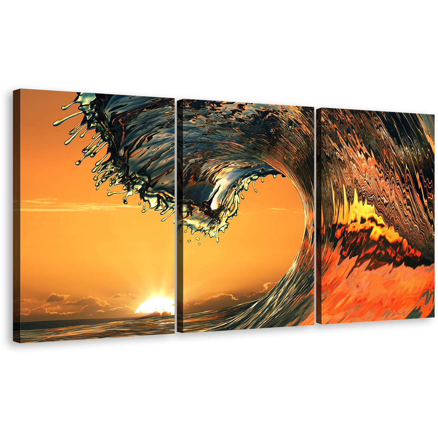 Breaking Wave Canvas Wall Art, Orange Ocean Wave 3 Piece Multi Canvas Artwork, Yellow Sunrise Wave Waves Curl Canvas Print