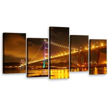 Load image into Gallery viewer, Bridge Lights Wall Art, Beautiful Purple Green Tsing Ma 5 Piece Multiple Canvas, Hong Kong Yellow City Bridge Canvas Print
