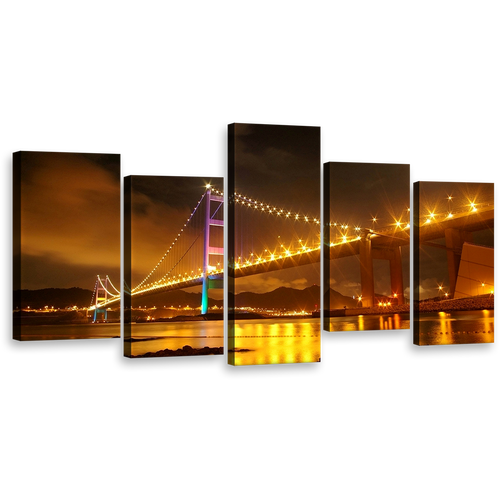 Bridge Lights Wall Art, Beautiful Purple Green Tsing Ma 5 Piece Multiple Canvas, Hong Kong Yellow City Bridge Canvas Print