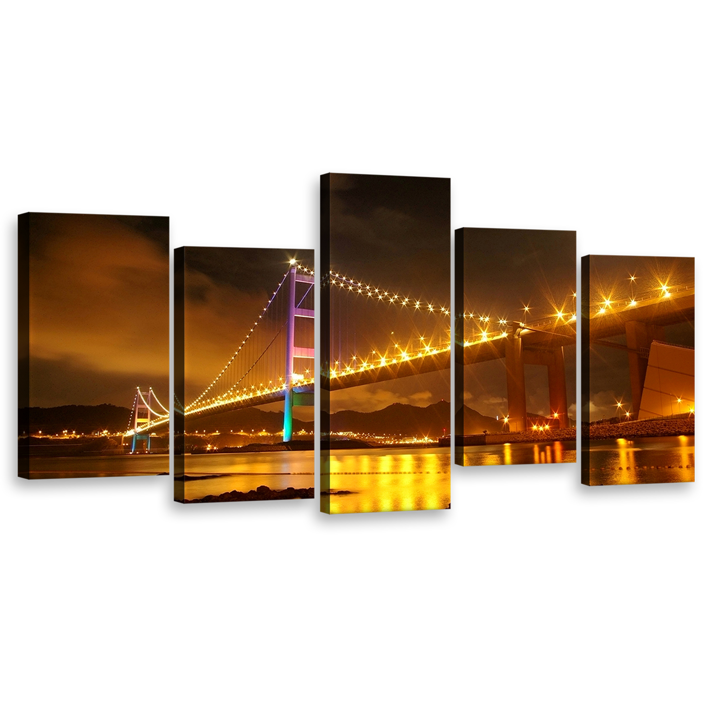 Bridge Lights Wall Art, Beautiful Purple Green Tsing Ma 5 Piece Multiple Canvas, Hong Kong Yellow City Bridge Canvas Print