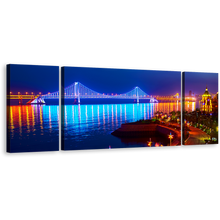 Load image into Gallery viewer, Bridge Reflection Canvas Print, Blue City Beach Night Glow Triptych Wall Art, Orange Bay Cross Sea Canvas Multi-panel Art
