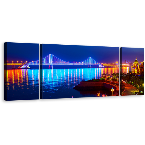 Bridge Reflection Canvas Print, Blue City Beach Night Glow Triptych Wall Art, Orange Bay Cross Sea Canvas Multi-panel Art