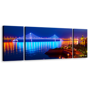 Bridge Reflection Canvas Print, Blue City Beach Night Glow Triptych Wall Art, Orange Bay Cross Sea Canvas Multi-panel Art