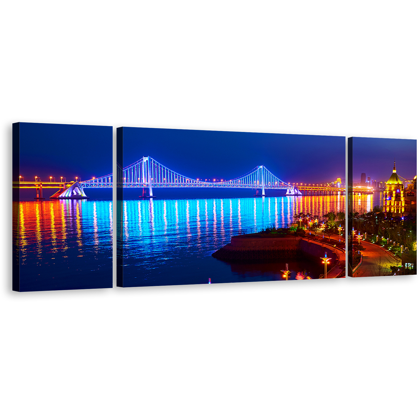 Bridge Reflection Canvas Print, Blue City Beach Night Glow Triptych Wall Art, Orange Bay Cross Sea Canvas Multi-panel Art