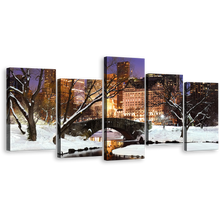 Load image into Gallery viewer, Bridge Scenery Canvas Print, White Snowy Trees Park River 5 Piece Multi Canvas, New York City Yellow Sunset Landscape Wall Art
