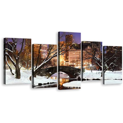 Bridge Scenery Canvas Print, White Snowy Trees Park River 5 Piece Multi Canvas, New York City Yellow Sunset Landscape Wall Art