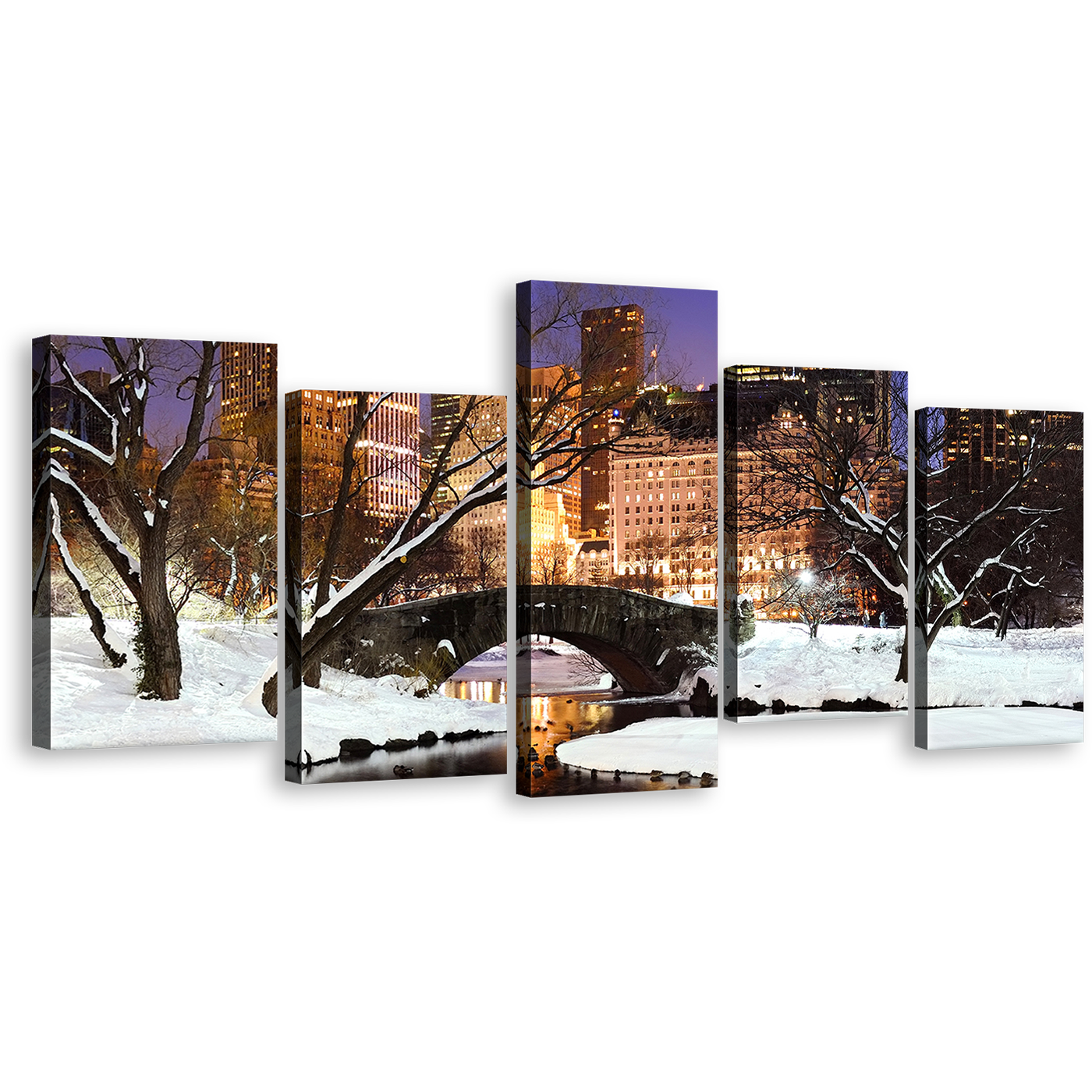 Bridge Scenery Canvas Print, White Snowy Trees Park River 5 Piece Multi Canvas, New York City Yellow Sunset Landscape Wall Art