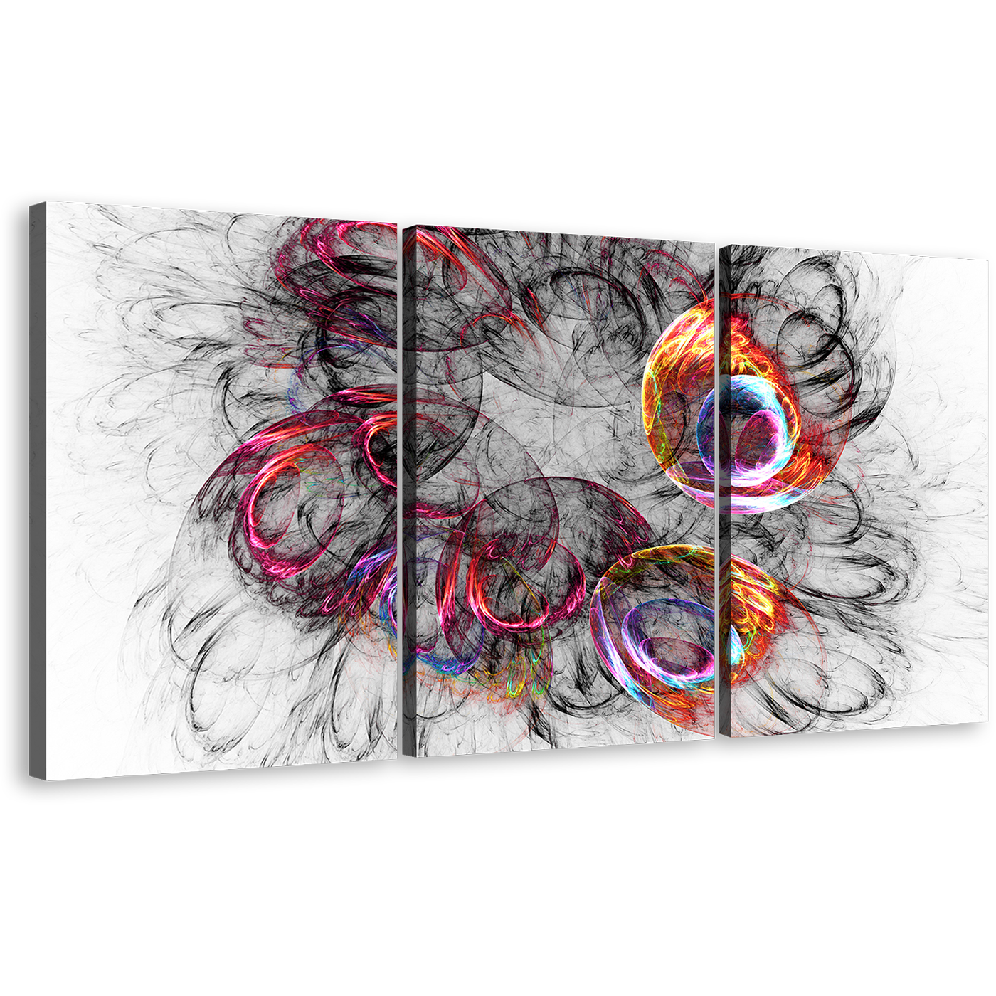 Bright Abstract Canvas Wall Art, Colorful Abstract Fractal Element Multiple Canvas, 3D Abstract Fractal 3 Piece Canvas Print