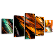 Load image into Gallery viewer, Bright Feather Canvas Wall Art, Green Vibrant Feathers Multi Canvas Artwork, Orange Abstract Bird Feathers 5 Piece Canvas Print
