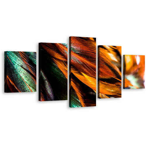 Bright Feather Canvas Wall Art, Green Vibrant Feathers Multi Canvas Artwork, Orange Abstract Bird Feathers 5 Piece Canvas Print