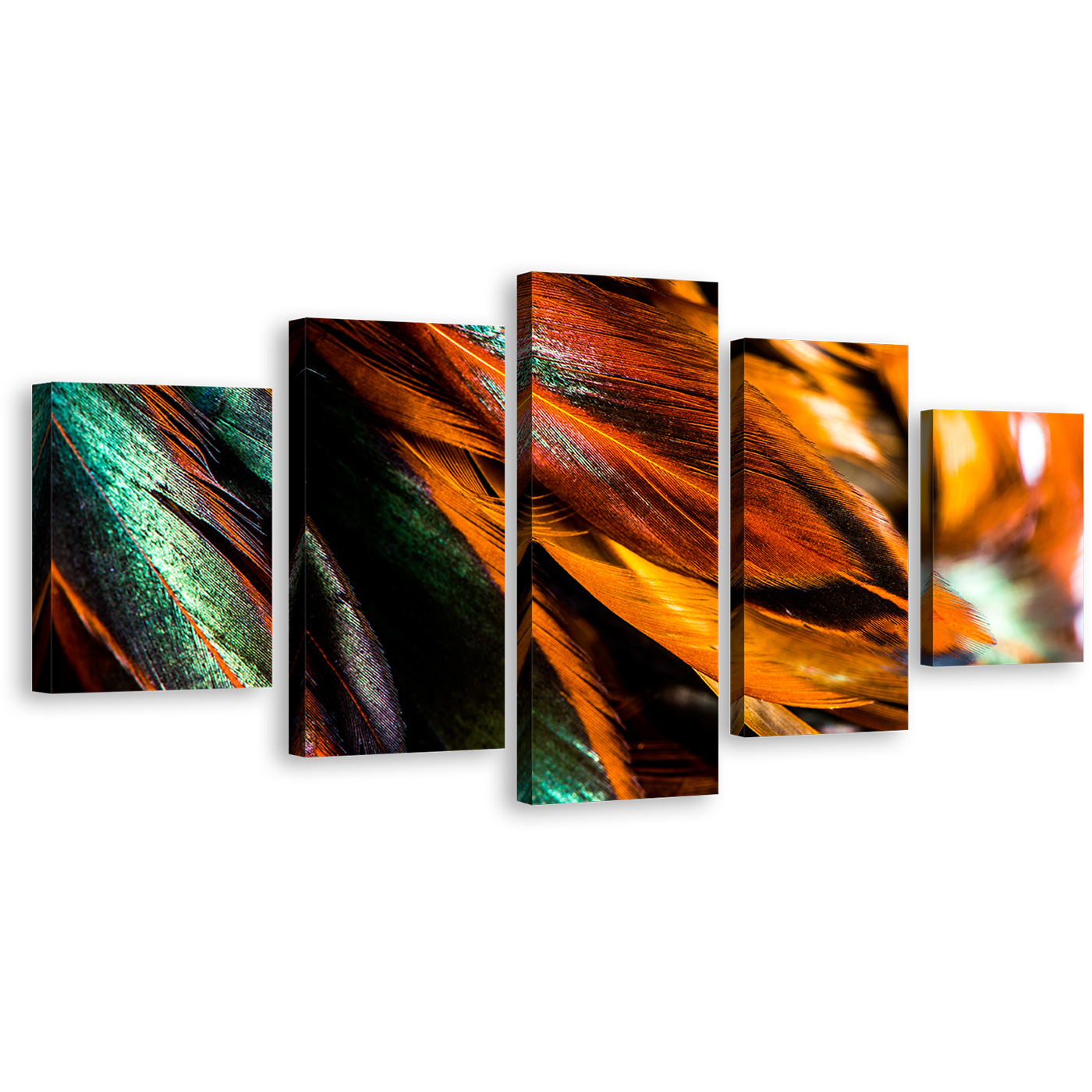 Bright Feather Canvas Wall Art, Green Vibrant Feathers Multi Canvas Artwork, Orange Abstract Bird Feathers 5 Piece Canvas Print