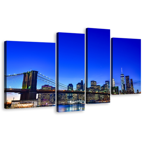 Brooklyn Bridge Canvas Print, Black New York City Skyline 4 Piece Canvas Wall Art, Blue Sky Manhattan Cityscape Multi Canvas