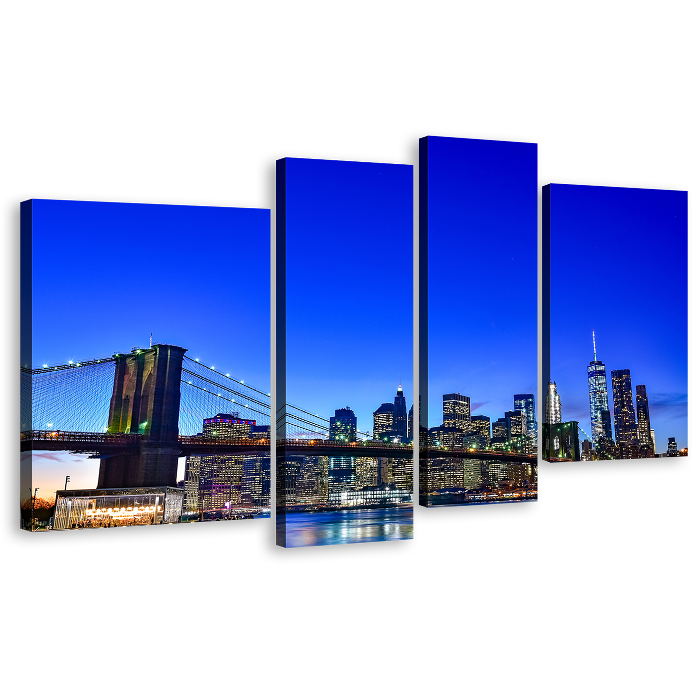 Brooklyn Bridge Canvas Print, Black New York City Skyline 4 Piece Canvas Wall Art, Blue Sky Manhattan Cityscape Multi Canvas