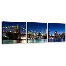 Load image into Gallery viewer, Brooklyn Bridge Canvas Print, Black New York City Skyline Multi Canvas, Blue Manhattan Sky 3 Piece Canvas Wall Art, Beautiful NYC Night Canvas Set
