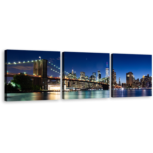 Brooklyn Bridge Canvas Print, Black New York City Skyline Multi Canvas, Blue Manhattan Sky 3 Piece Canvas Wall Art, Beautiful NYC Night Canvas Set