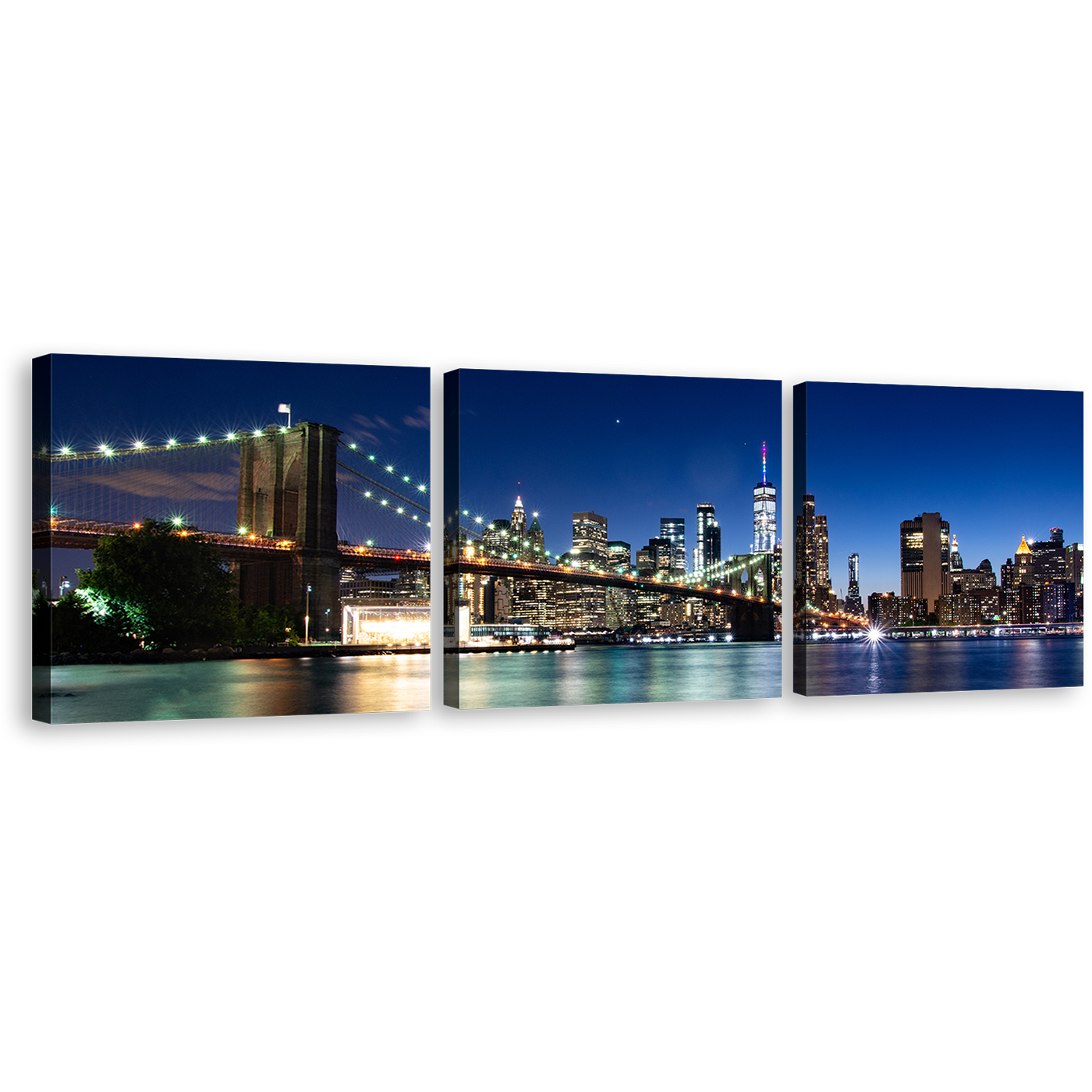 Brooklyn Bridge Canvas Print, Black New York City Skyline Multi Canvas, Blue Manhattan Sky 3 Piece Canvas Wall Art, Beautiful NYC Night Canvas Set