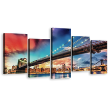 Load image into Gallery viewer, Brooklyn Bridge Canvas Print, Blue Sky Manhattan Bridge 5 Piece Canvas Wall Art, New York Cityscape Digital Painting Multi Canvas Artwork
