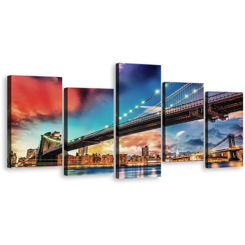 Brooklyn Bridge Canvas Print, Blue Sky Manhattan Bridge 5 Piece Canvas Wall Art, New York Cityscape Digital Painting Multi Canvas Artwork