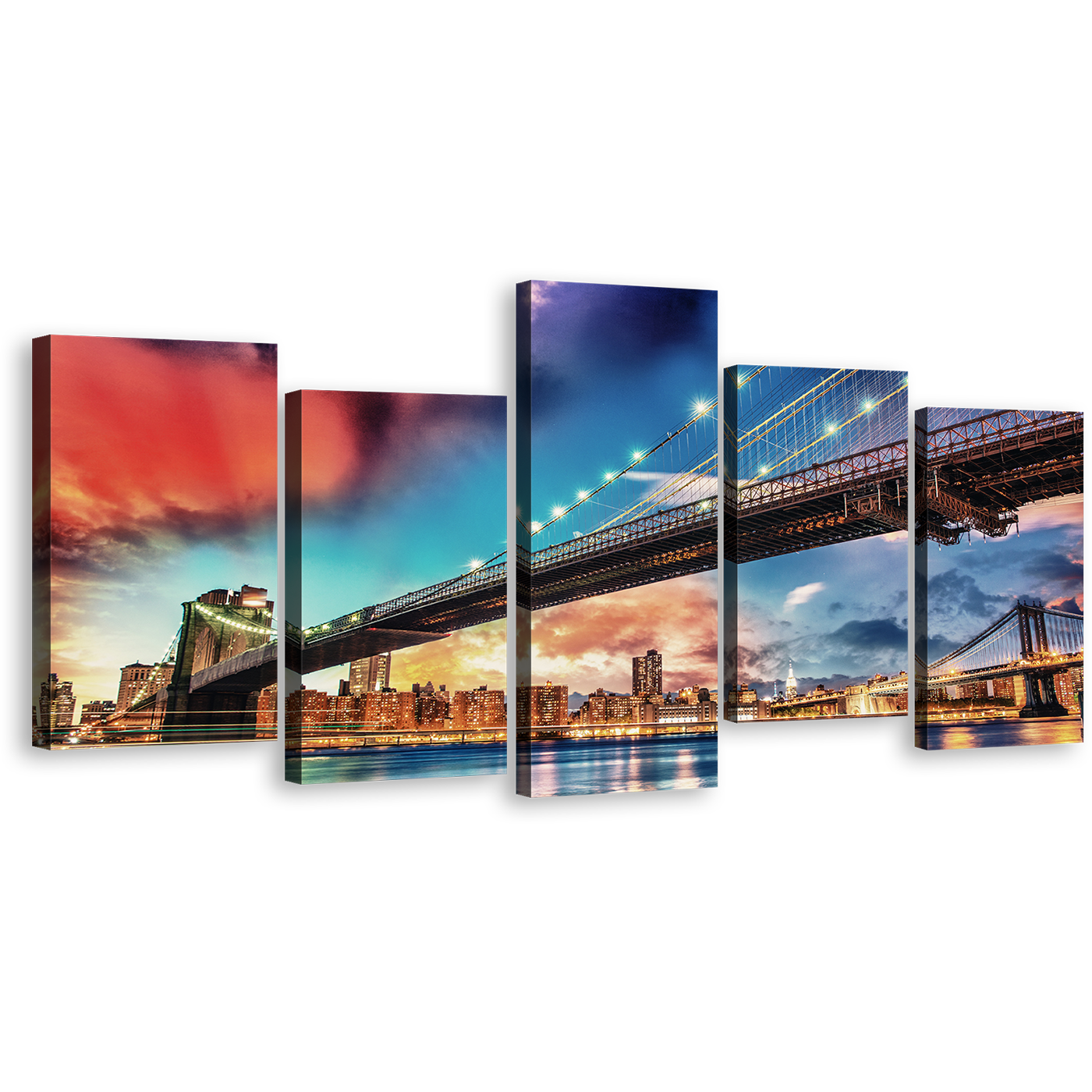 Brooklyn Bridge Canvas Print, Blue Sky Manhattan Bridge 5 Piece Canvas Wall Art, New York Cityscape Digital Painting Multi Canvas Artwork