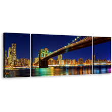 Load image into Gallery viewer, Brooklyn Bridge Canvas Print, Blue Sky Manhattan Skyline 3 Piece Canvas Wall Art, Yellow New York City River Reflection Triptych Multiple Canvas
