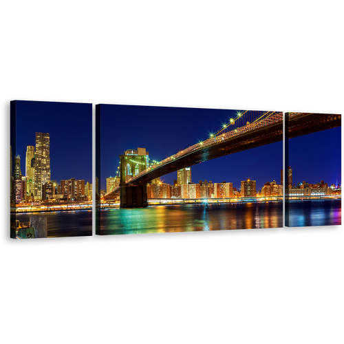 Brooklyn Bridge Canvas Print, Blue Sky Manhattan Skyline 3 Piece Canvas Wall Art, Yellow New York City River Reflection Triptych Multiple Canvas