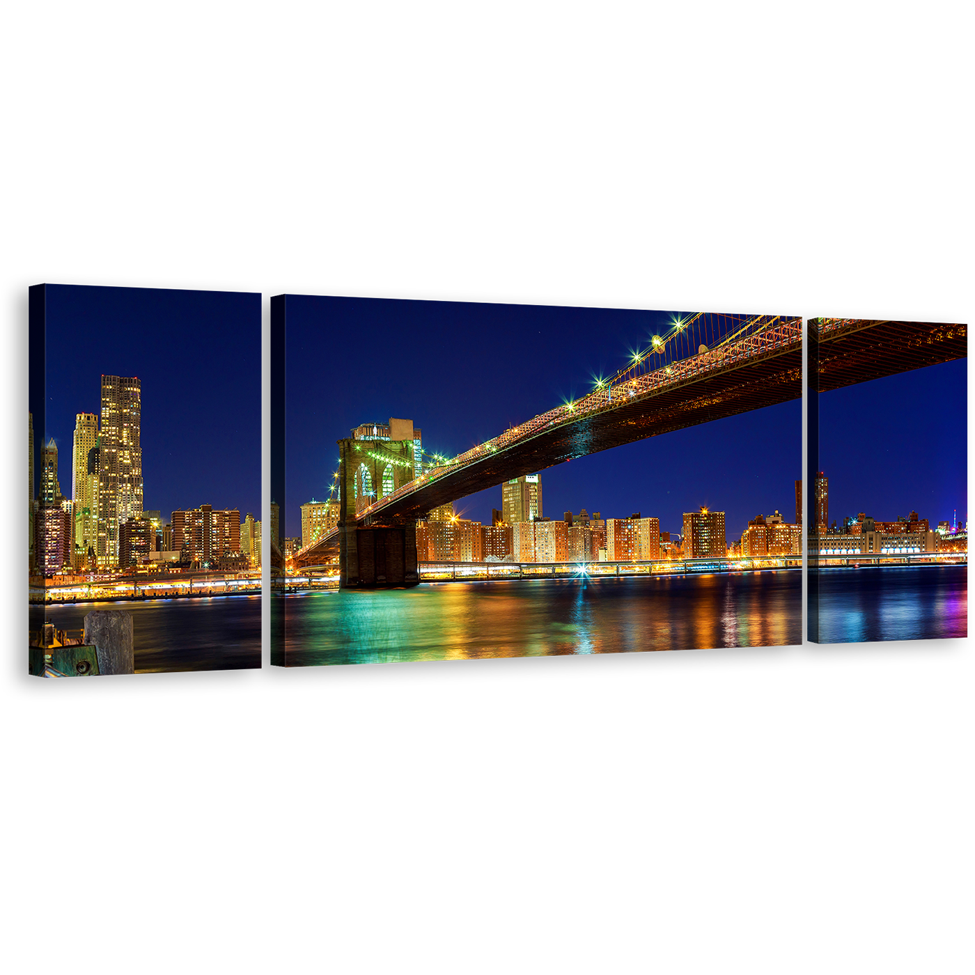 Brooklyn Bridge Canvas Print, Blue Sky Manhattan Skyline 3 Piece Canvas Wall Art, Yellow New York City River Reflection Triptych Multiple Canvas