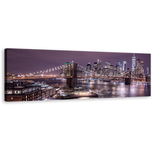 Load image into Gallery viewer, Brooklyn Bridge Canvas Print, Brown NYC View From Brooklyn 1 Piece Canvas Wall Art, Purple Manhattan Digital Painting Wide Canvas
