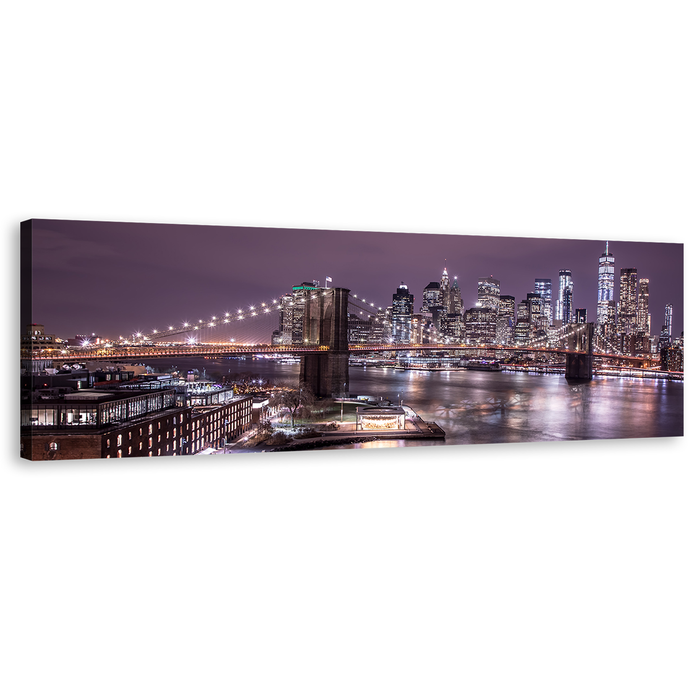 Brooklyn Bridge Canvas Print, Brown NYC View From Brooklyn 1 Piece Canvas Wall Art, Purple Manhattan Digital Painting Wide Canvas