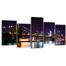 Load image into Gallery viewer, Brooklyn Bridge Canvas Print, Colorful New York Skyline Multi Canvas Artwork, NYC Water Reflection 5 Piece Canvas Wall Art
