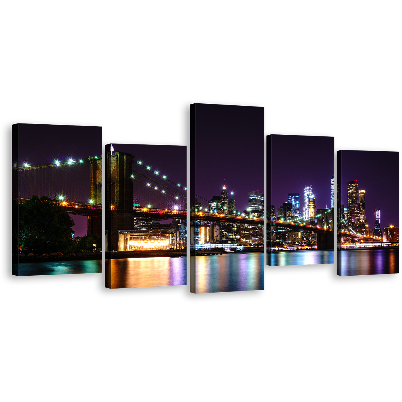 Brooklyn Bridge Canvas Print, Colorful New York Skyline Multi Canvas Artwork, NYC Water Reflection 5 Piece Canvas Wall Art