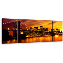 Load image into Gallery viewer, Brooklyn Bridge Canvas Print, Yellow Manhattan Sunset 3 Piece Wall Art, Black New York Skyline Multiple Canvas
