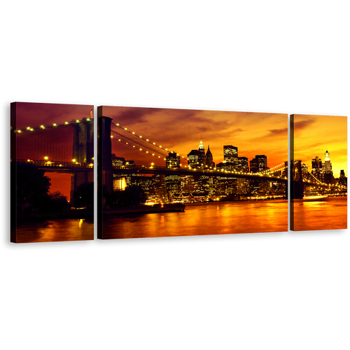 Brooklyn Bridge Canvas Print, Yellow Manhattan Sunset 3 Piece Wall Art, Black New York Skyline Multiple Canvas