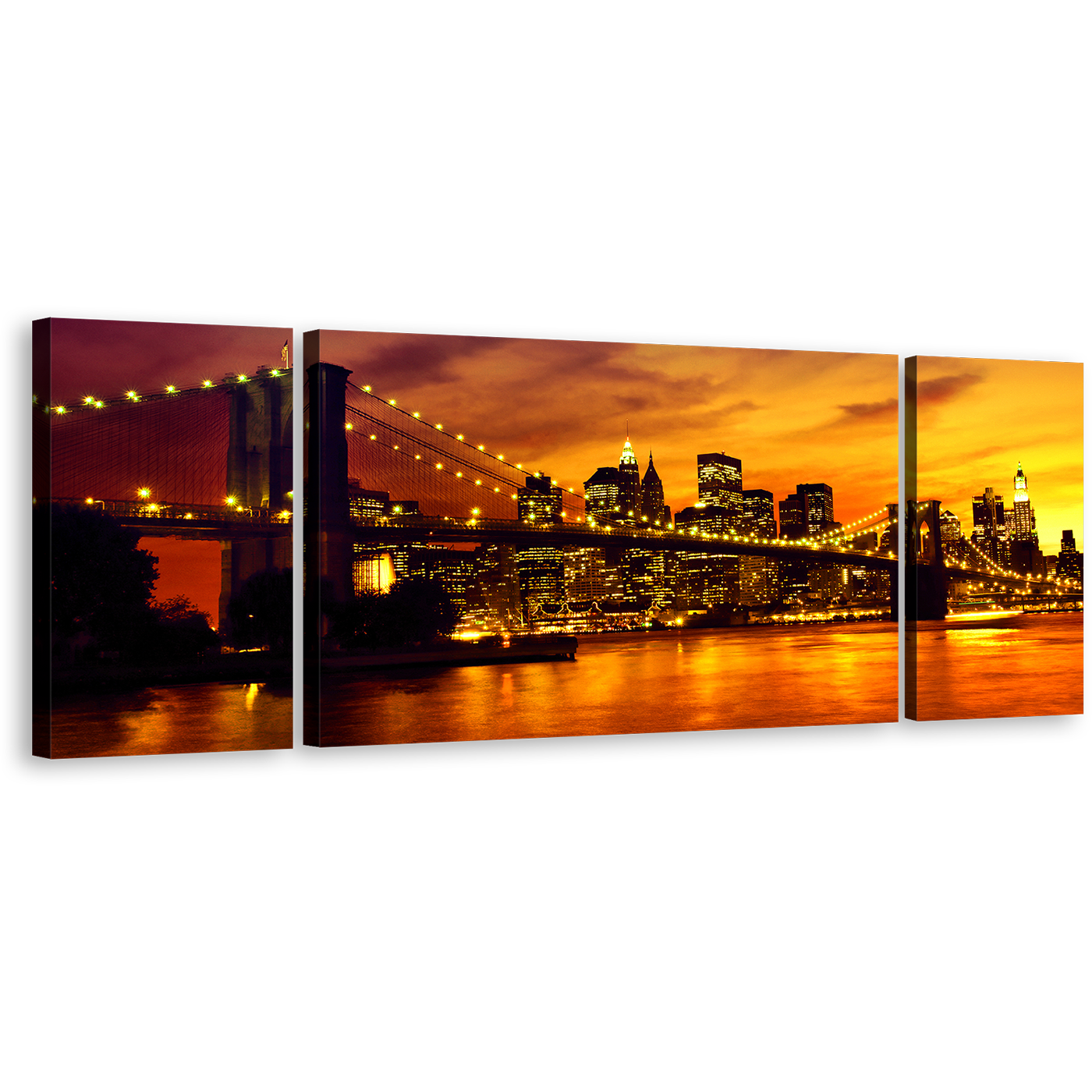 Brooklyn Bridge Canvas Print, Yellow Manhattan Sunset 3 Piece Wall Art, Black New York Skyline Multiple Canvas