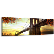 Load image into Gallery viewer, Brooklyn Bridge Canvas Wall Art, Beautiful Dramatic Sunset Yellow Sky Panoramic Canvas, Brown New York Brooklyn Bridge Canvas Print
