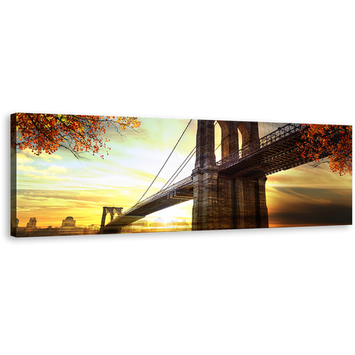 Brooklyn Bridge Canvas Wall Art, Beautiful Dramatic Sunset Yellow Sky Panoramic Canvas, Brown New York Brooklyn Bridge Canvas Print