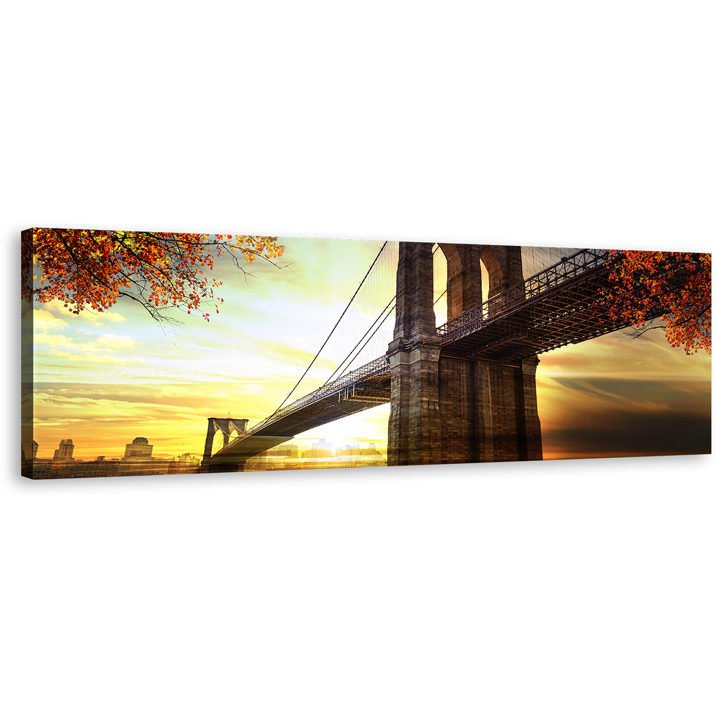 Brooklyn Bridge Canvas Wall Art, Beautiful Dramatic Sunset Yellow Sky Panoramic Canvas, Brown New York Brooklyn Bridge Canvas Print