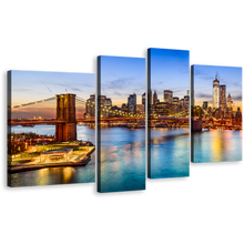 Load image into Gallery viewer, Brooklyn Bridge Canvas Wall Art, Blue NYC River Canvas Set, Brown New York City 4 Piece Canvas Print
