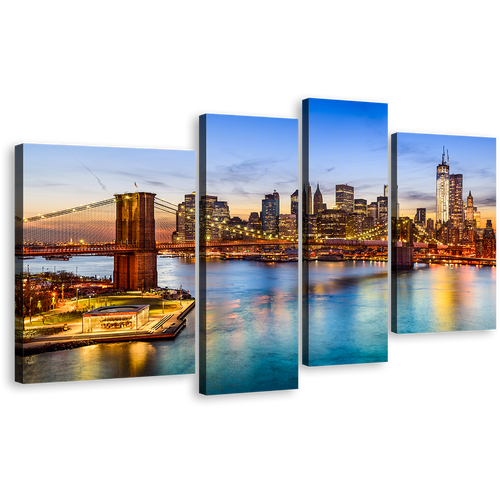 Brooklyn Bridge Canvas Wall Art, Blue NYC River Canvas Set, Brown New York City 4 Piece Canvas Print