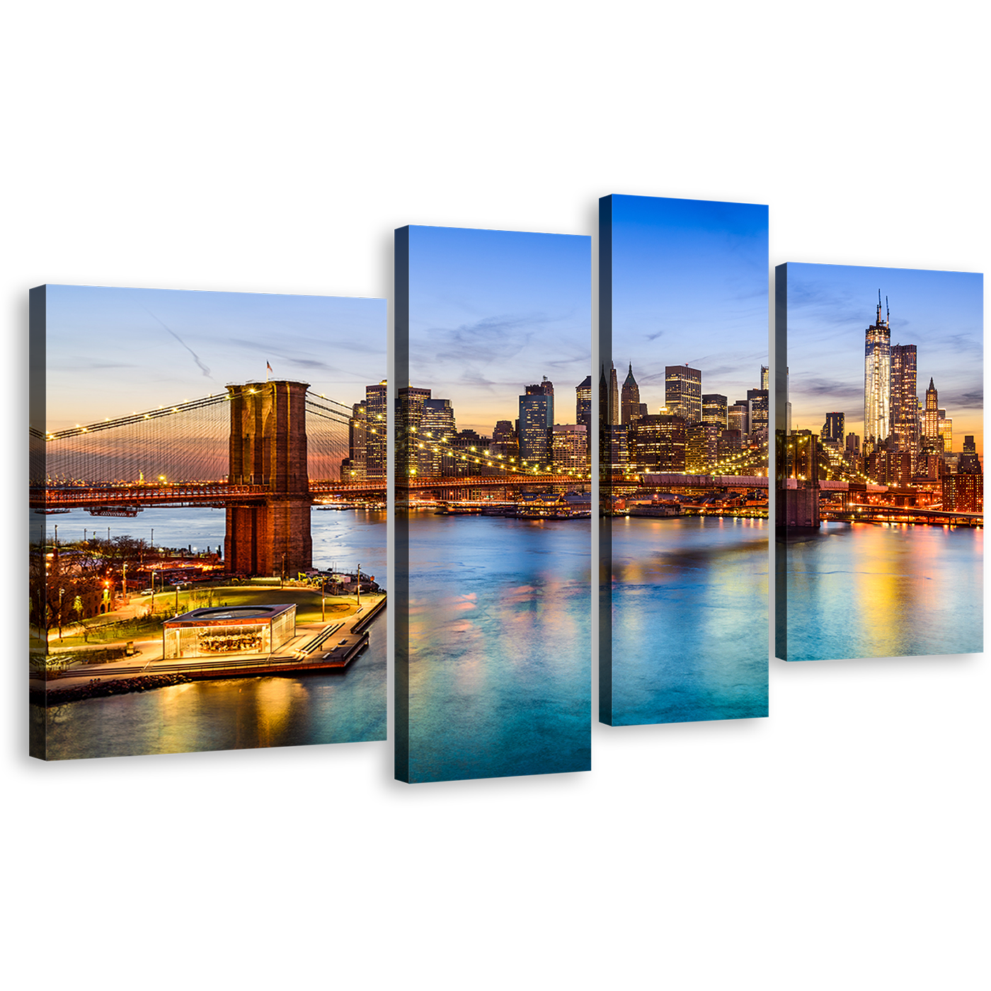 Brooklyn Bridge Canvas Wall Art, Blue NYC River Canvas Set, Brown New York City 4 Piece Canvas Print