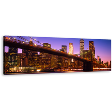 Load image into Gallery viewer, Brooklyn Bridge Canvas Wall Art, Blue Sky Manhattan Skyline Panoramic Canvas Print, New York Freedom Tower Night Canvas Artwork, Brown Cityscape Wide Canvas
